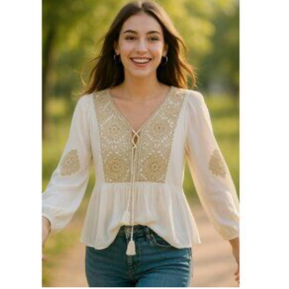 Sundance palace pathway tunic embroidered white beige gold boho least size small